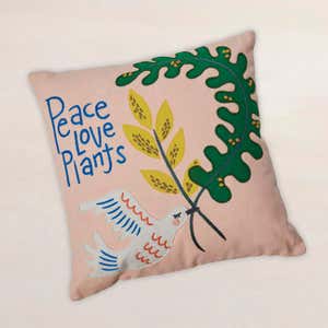 Coral Peace, Love, and Plants Throw Pillow, 16"SQ.