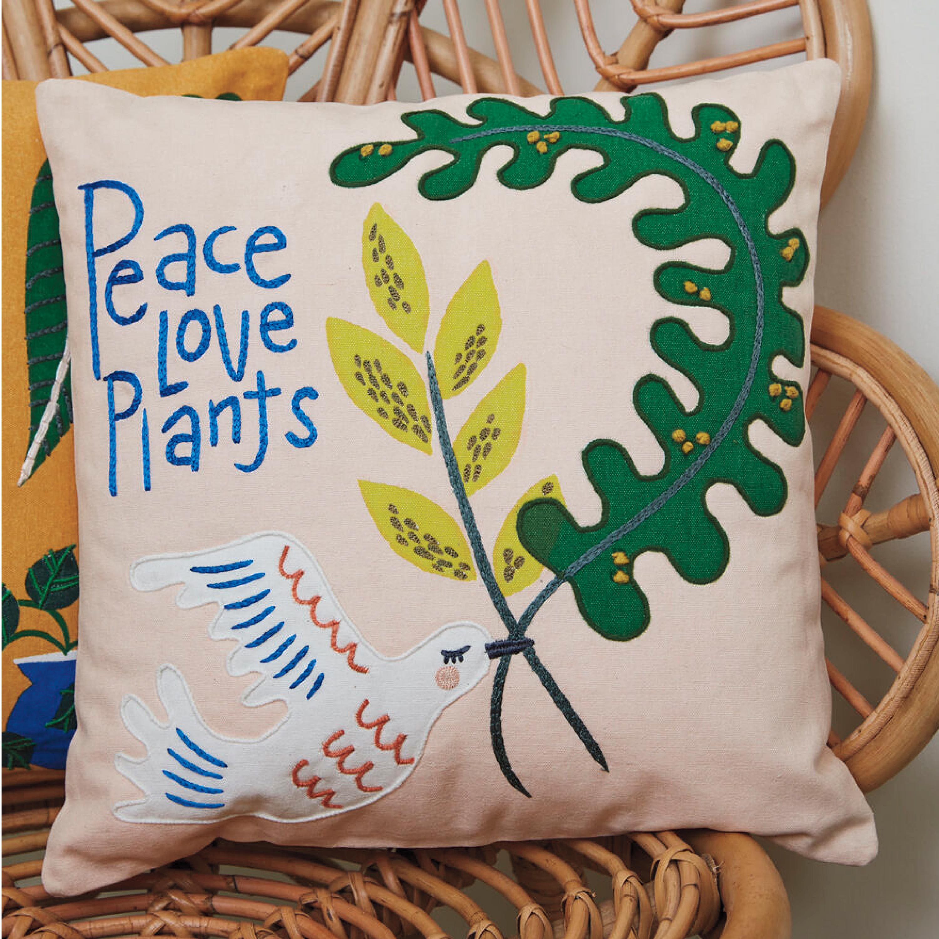 Coral Peace, Love, and Plants Throw Pillow, 16"SQ.