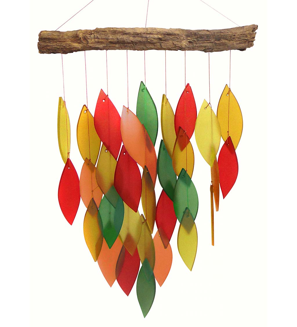 Sunset Colors Glass Leaves Wind Chime on Driftwood Stick