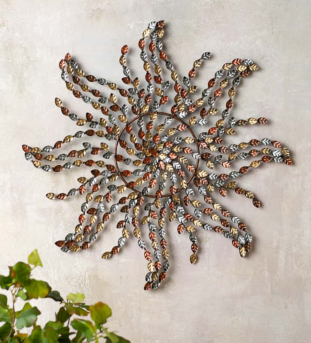 Handcrafted Metal Leaves Sun Wall Art in Silver, Copper, and Bronze Colors