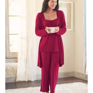 Eco-Weave Sleeveless Ruched Bodice Top & Cropped Pant Pajama Set - Cranberry - Large