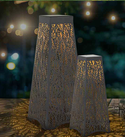 Image of Set of 2 Patio Solar Leaf Shadow Lanterns