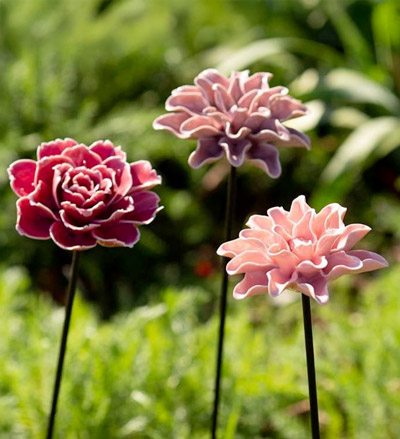 Image of Ceramic Garden Flower Stakes, Set of 3 - Pink