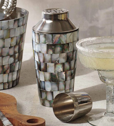 image of Abalon Stainless Steel and Mother of Pearl Cocktail Shaker
