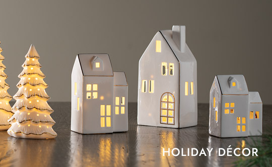 Image of V00409 LED Lighted White Porcelain Christmas Village - HOLIDAY DECOR