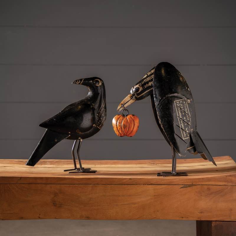 Iron Crows Holding Pumpkin, set of 2