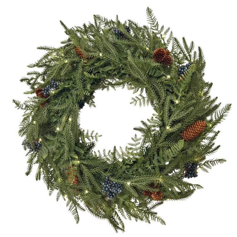 Battery Operated LED In/Out Norfolk Wreath