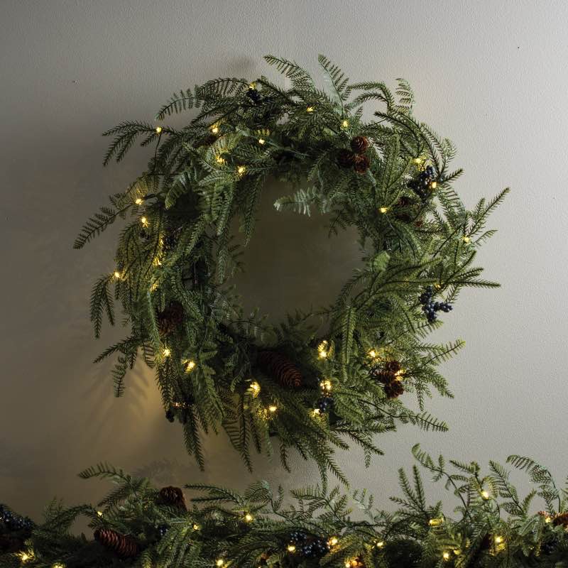 Battery Operated LED In/Out Norfolk Wreath