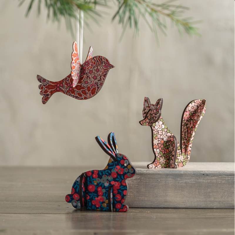 Set of 3 3D Woodcut Decorations - Fox, Bunny, Dove