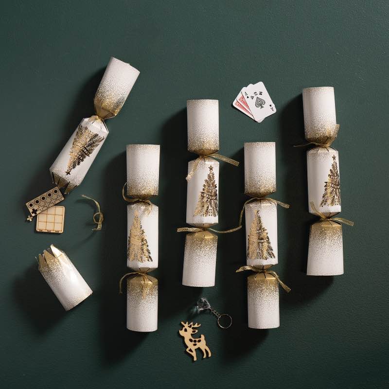 Festive Gold Tree Christmas Crackers, Set of 12