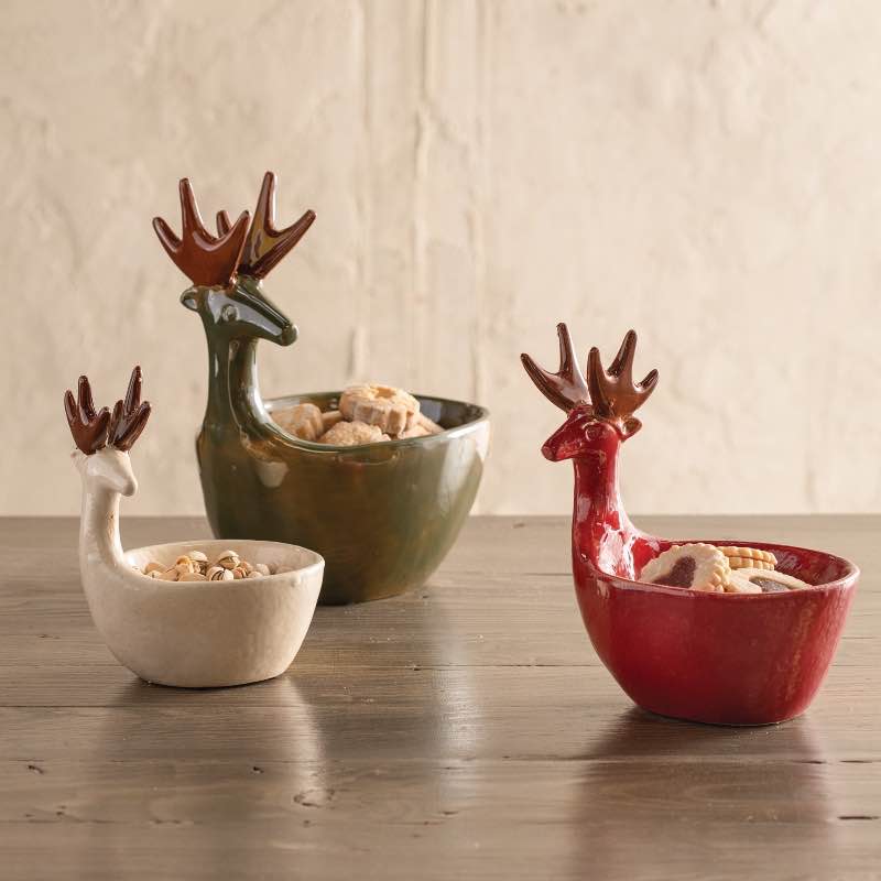Set of 3 Ceramic Deer Bowls - Red/Green/White