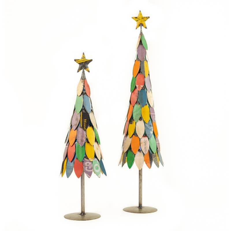 Set of 2 Recycled Metal Multicolor Christmas Trees