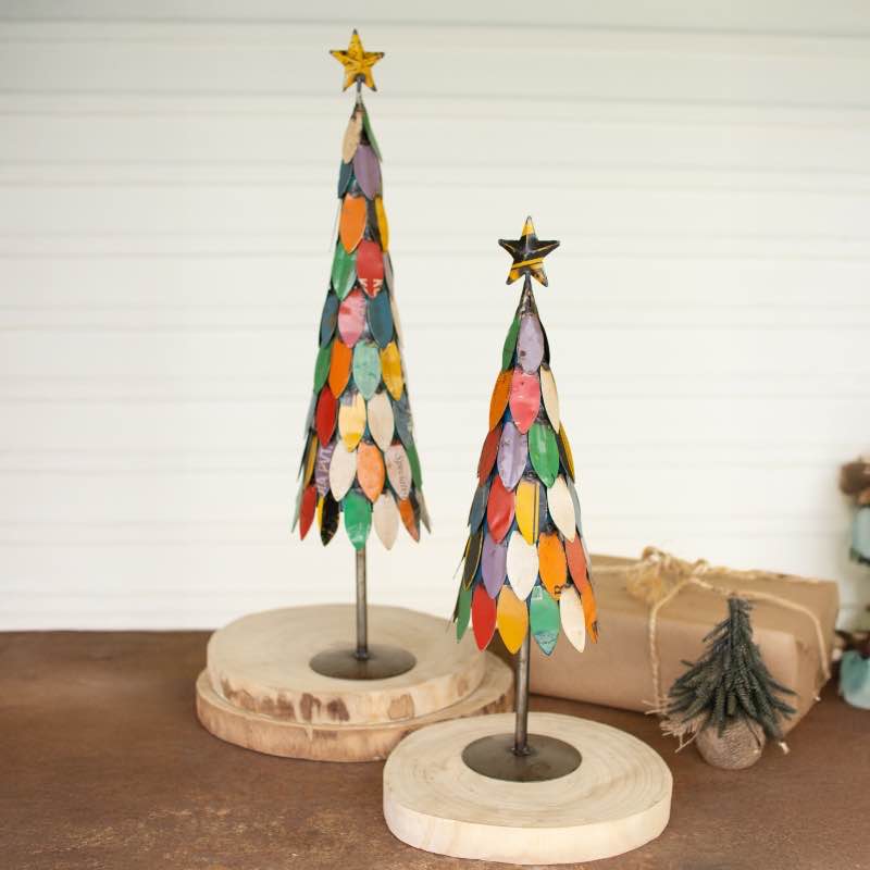 Set of 2 Recycled Metal Multicolor Christmas Trees