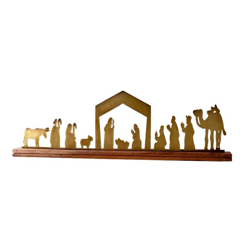Antique Brass Tabletop Nativity with Wood Base
