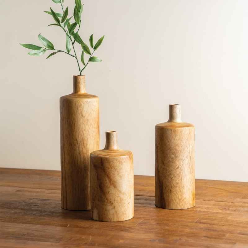 Set of 3 Kendari Teak Bottle Vases