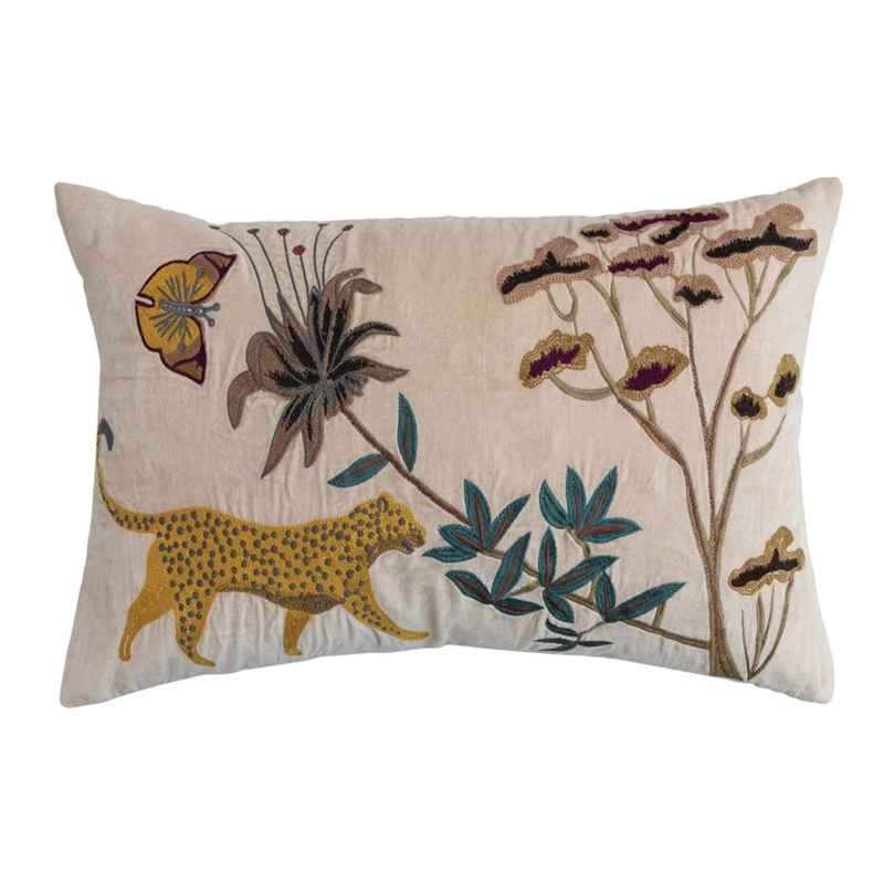 Embroidered Flora & Fauna Lumbar Pillow