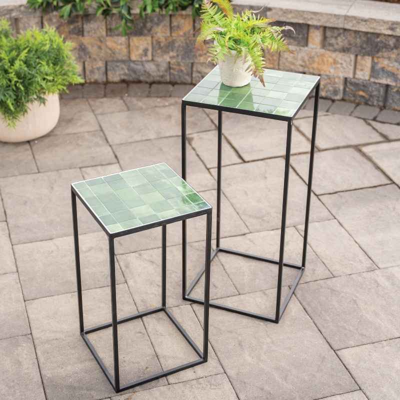 Set of 2 Checkered Stone Mosaic Accent Stands