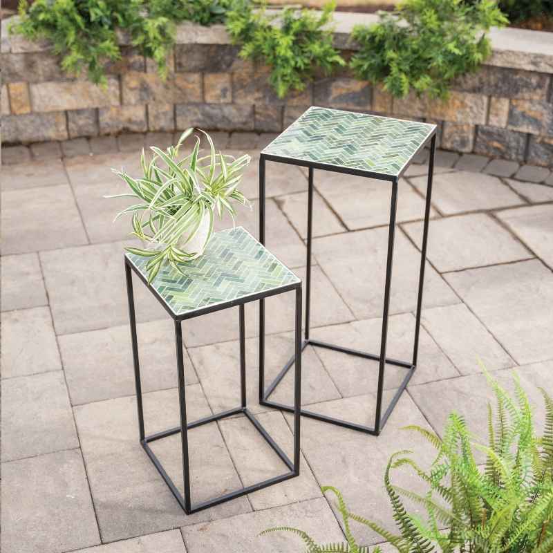 Set of 2 Green Herringbone Stone Mosaic Accent Stands