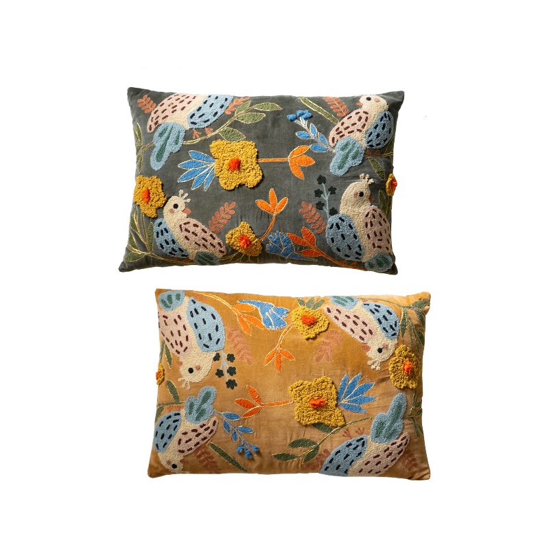 Embroidered Pillows with Birds, set of 2