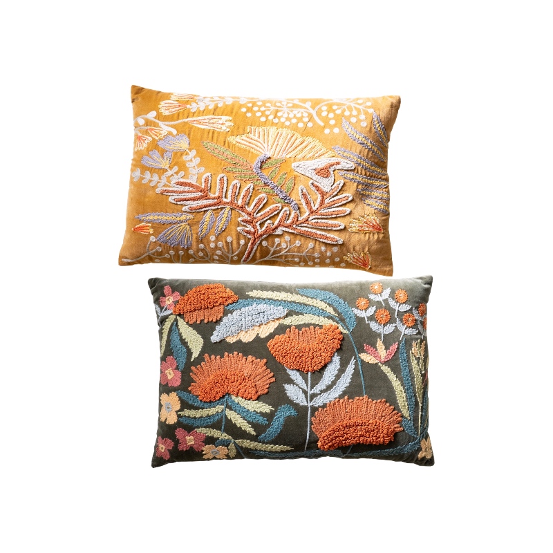Embroidered Pillows with Flowers, set of 2