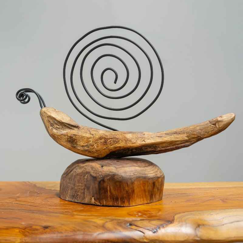 Handcrafted Teak and Metal Snail Sculpture