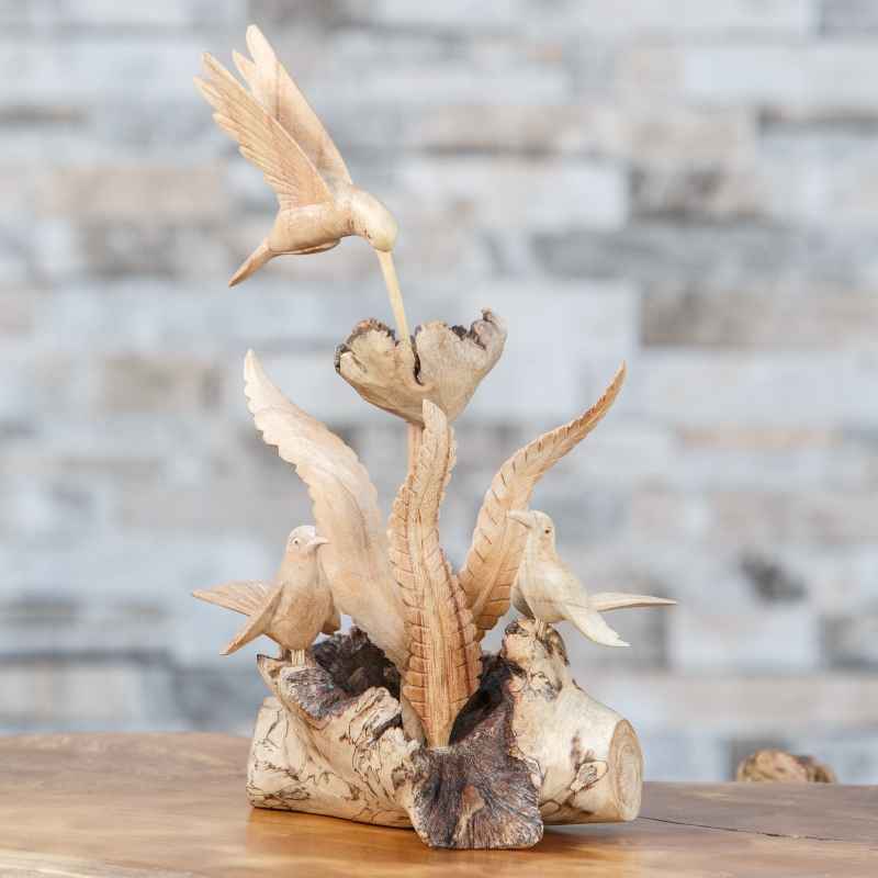 Hand-Carved Parasite Wood Hummingbirds Sculpture