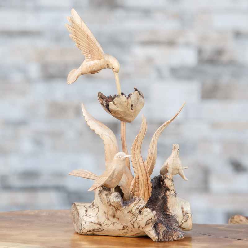 Hand-Carved Parasite Wood Hummingbirds Sculpture