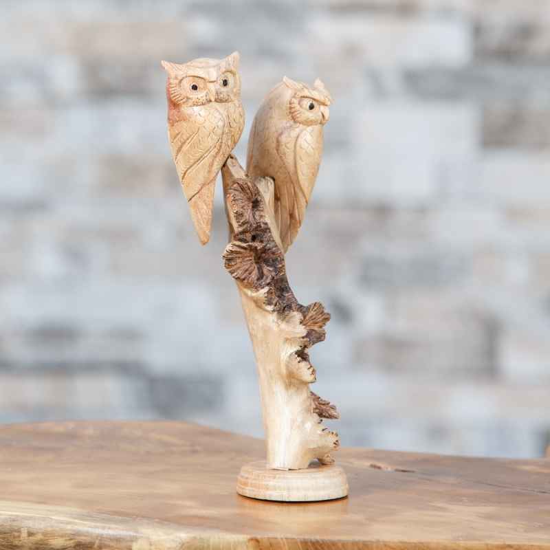 Hand-Carved Parasite Wood Owls on Branch Sculpture