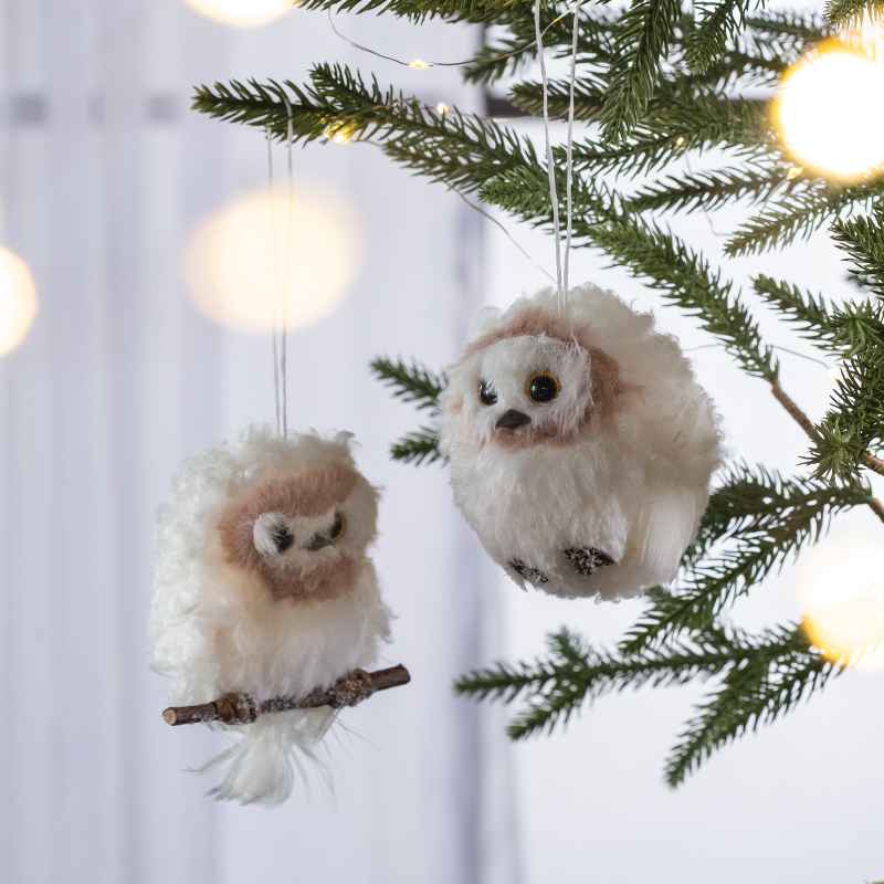 Set of 2 Faux Fur Hanging Owls