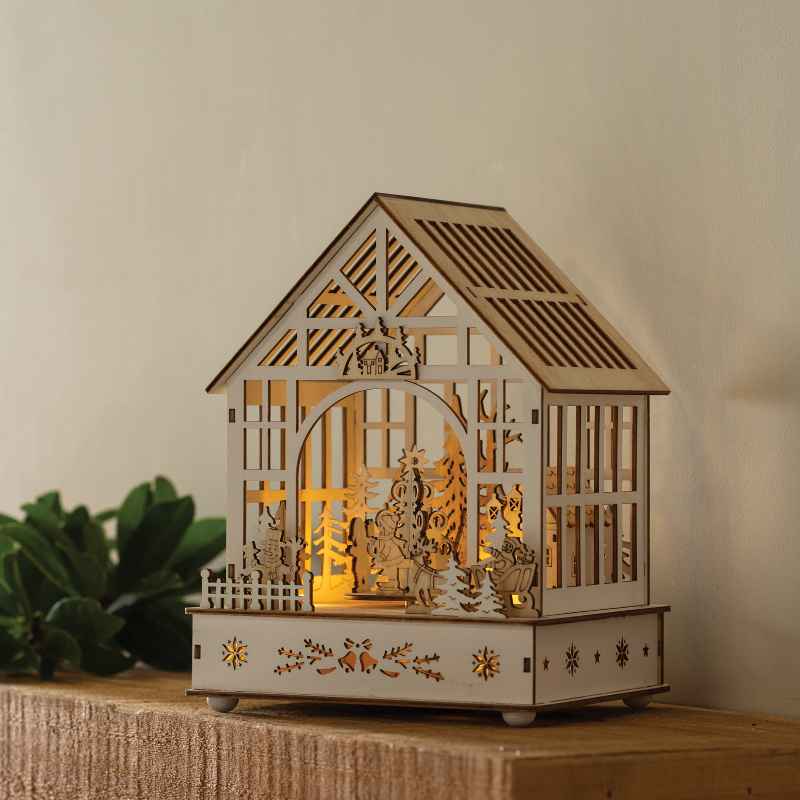 Wooden LED Winter House with Motion and Music