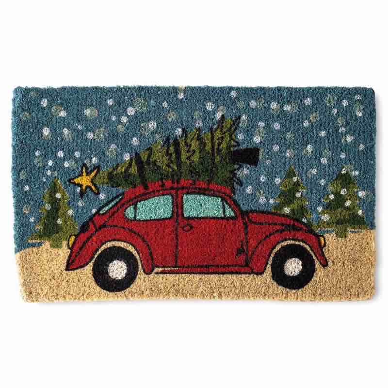 Red Car with Christmas Tree Coir Mat