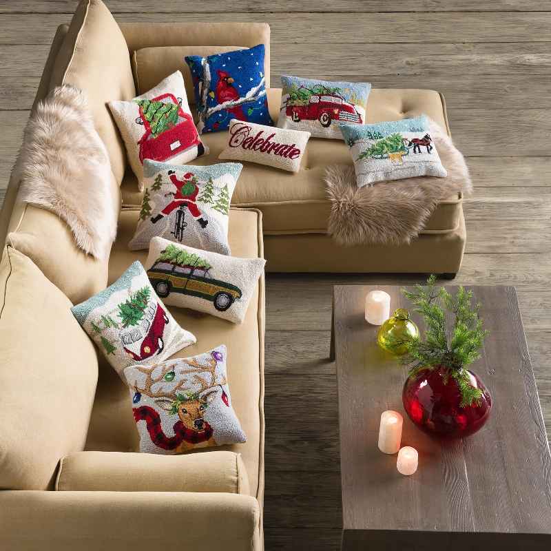 Hand-Hooked Wool Santa on Bike Pillow, 18