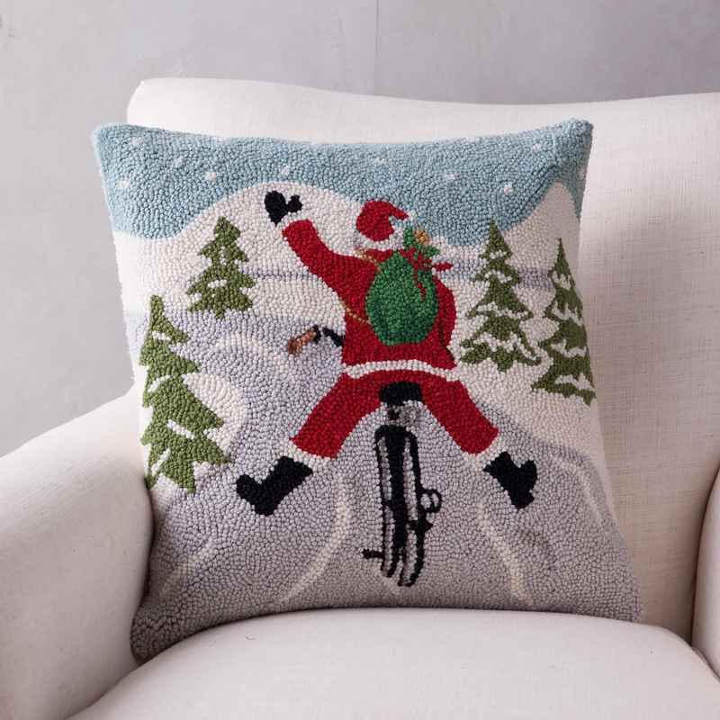 Hand-Hooked Wool Santa on Bike Pillow, 18