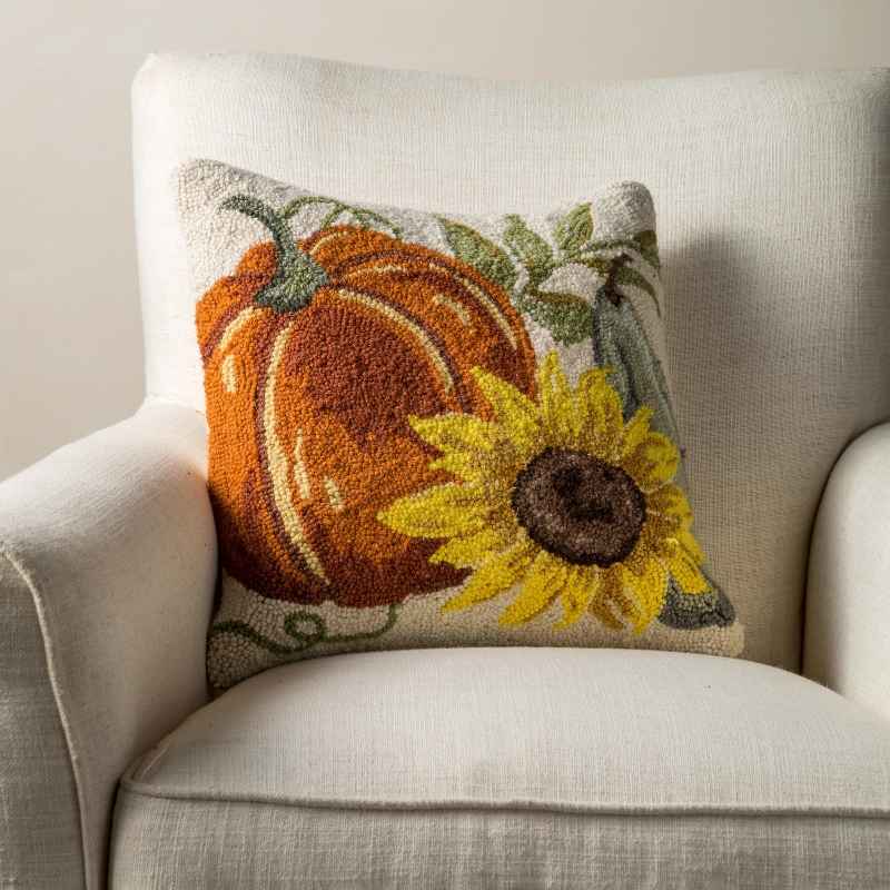 Pumpkin and Sunflower Hand-Hooked Pillow, 16