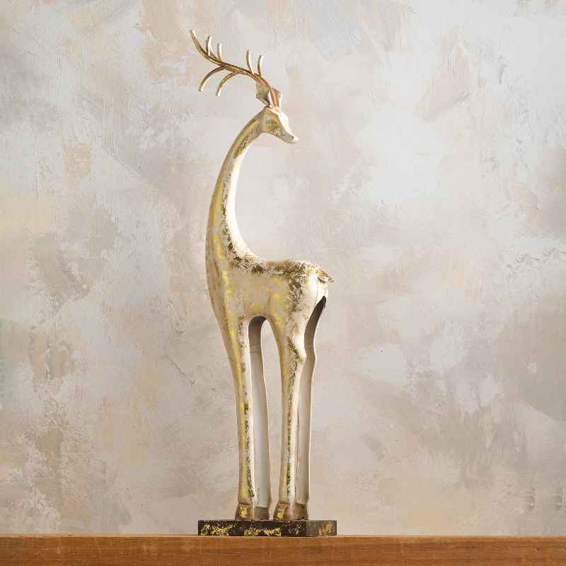 Gold and White Tall Slender Deer Statue Decor, Turned Head