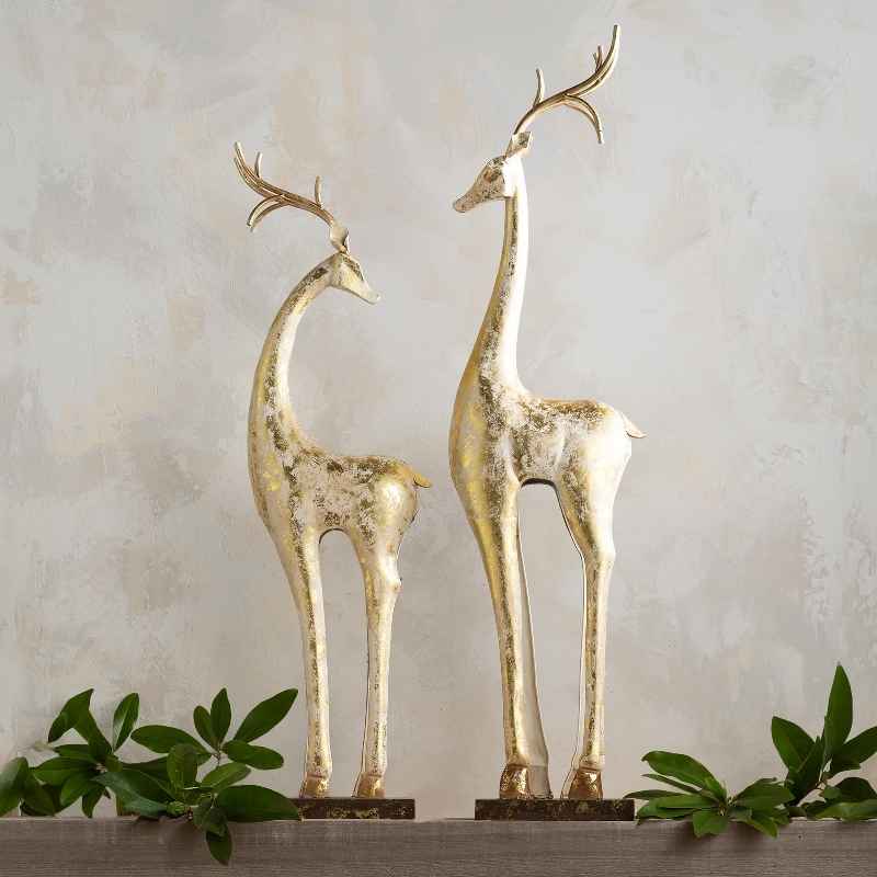 Gold and White Tall Slender Deer Statue Decor, Set of 2
