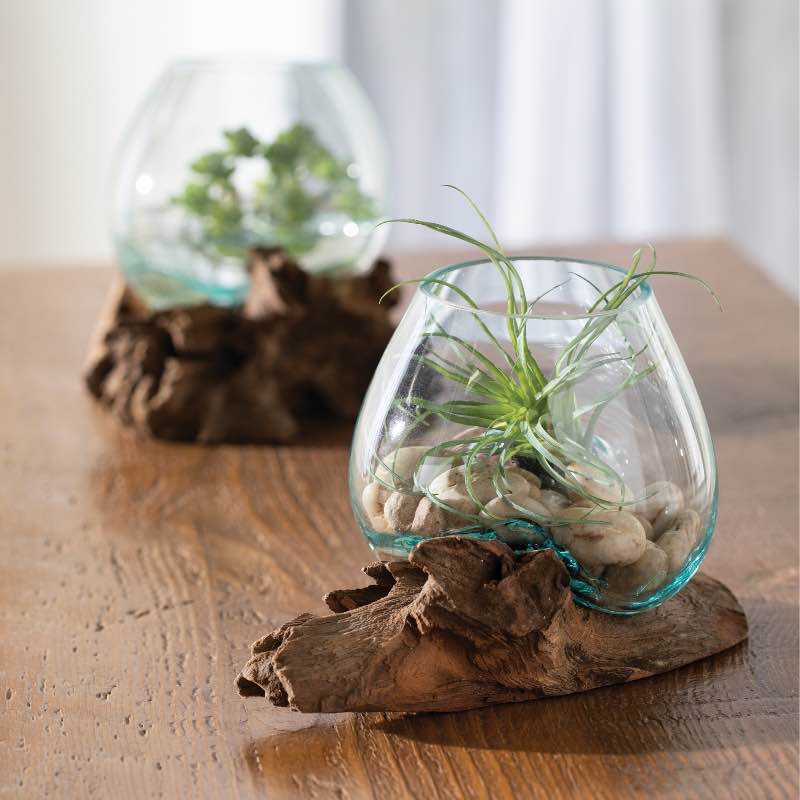 Small Glass Bowl with Teak Wood Stand