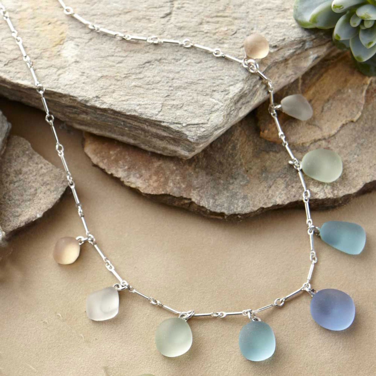 Sunrise Silver 9-Stone Sea Glass Necklace