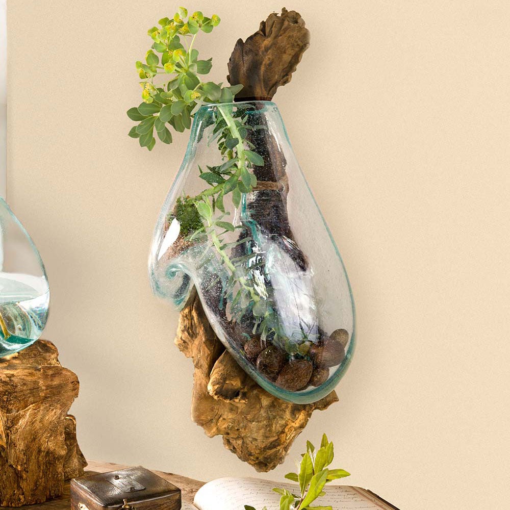 Teak and Blown Glass Hanging Vase