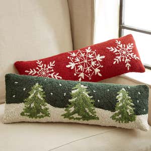 Red Snowflakes Hooked Wool Lumbar Pillow