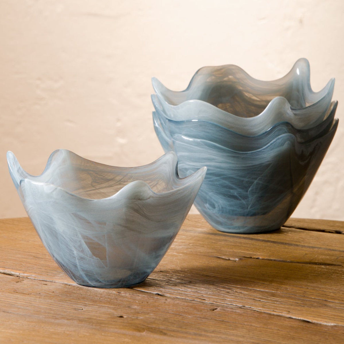 Aurora Recycled Glass Scalloped Bowls, Set of 4 - Smokey Blue