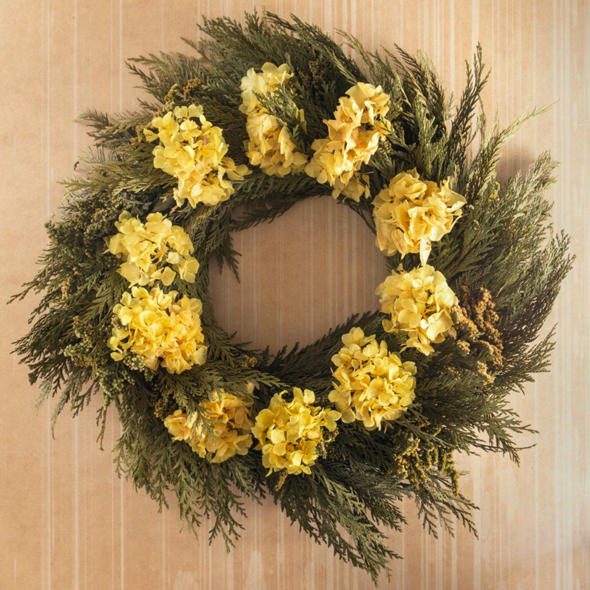 Yellow Hydrangea & Cedar Wreath with Hanger