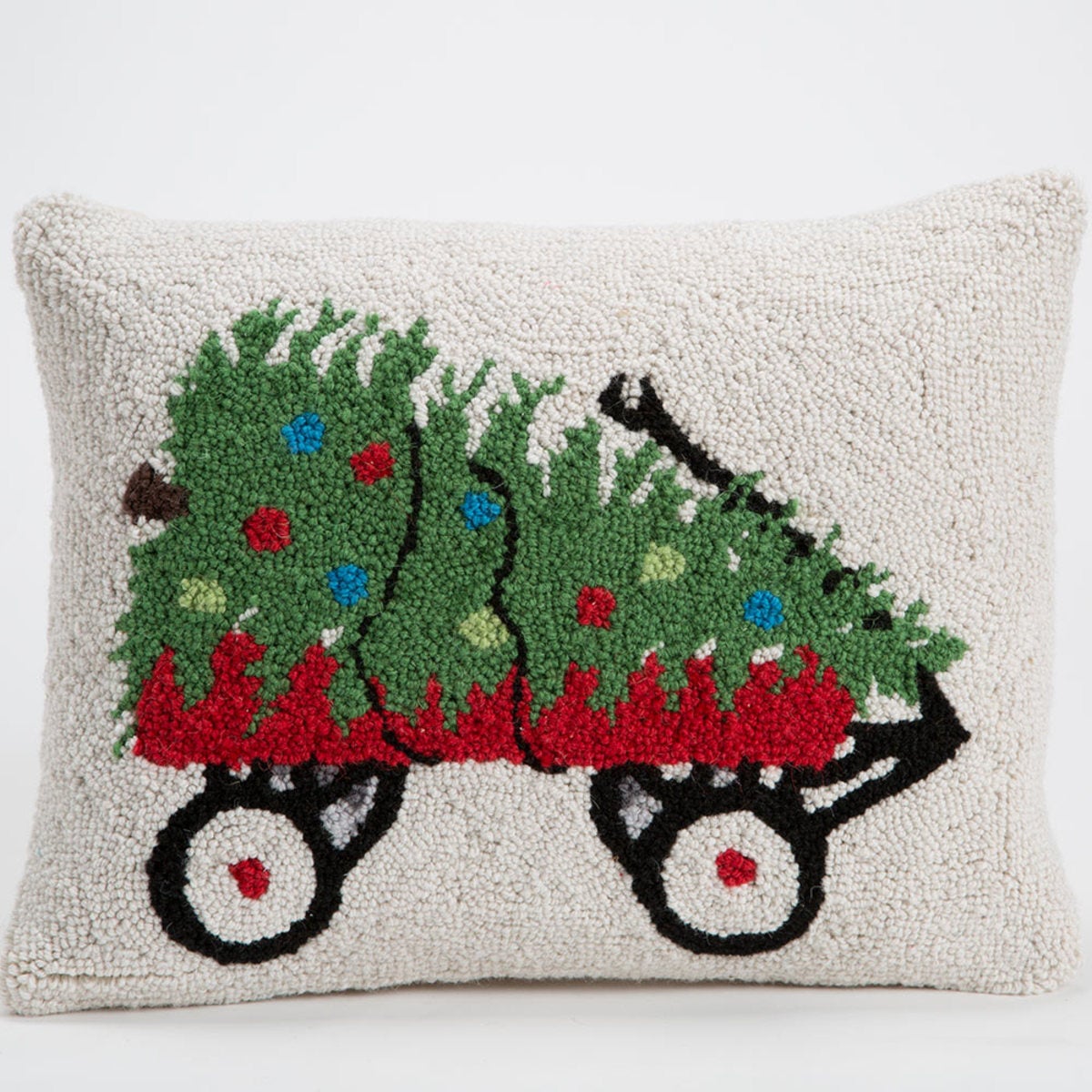 Red Wagon Hand-Hooked Wool Pillow, 18"L x 14"H