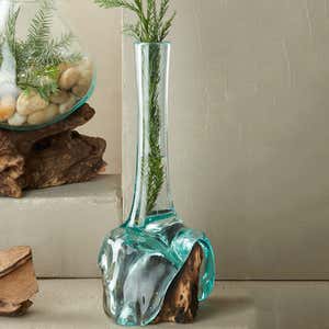 Teak Wood and Blown Glass Tube Vase Sculpture