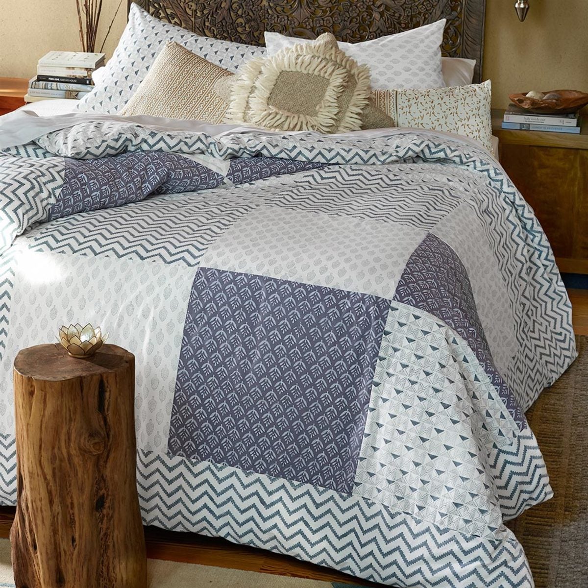 Blue Block-Printed Patchwork Mix Duvet Cover & Two King Shams - King