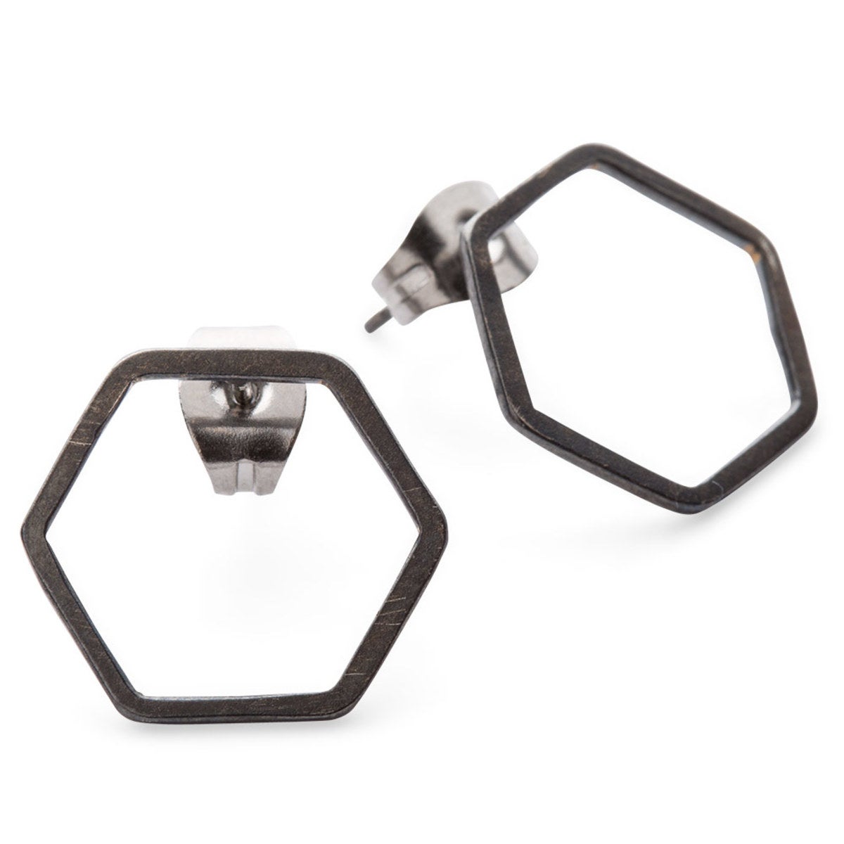 Artisan-Made Single Hexagon Stud Earrings in Oxidized Silver by Elaine B