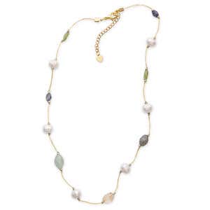 Silk Threaded Freshwater Pearl and Gemstone Necklace - Green