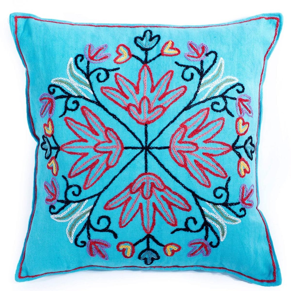 Embroidered Kashmir Pillow Cover, 18" sq. - Turquoise
