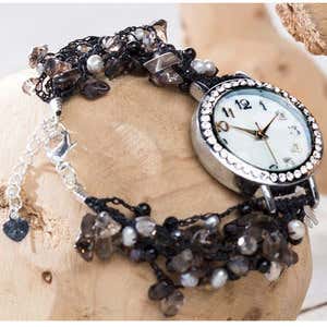 Hand-Beaded Agate And Pearl Watch - Blue