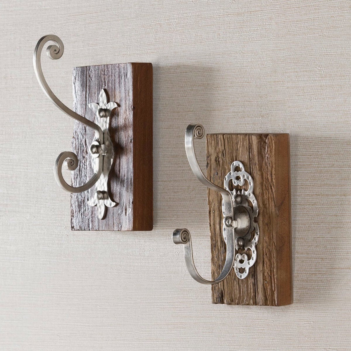 Antiqued Iron and Reclaimed Wood Wall Hooks - Set of 2